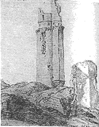 Dessin des ruines du château de Montlhéry par A. Wille, XIXe siècle