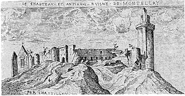 Gravure du  château de Montlhéry, dessin de Claude Chastillon reproduit par V.A. Malte-Brun
